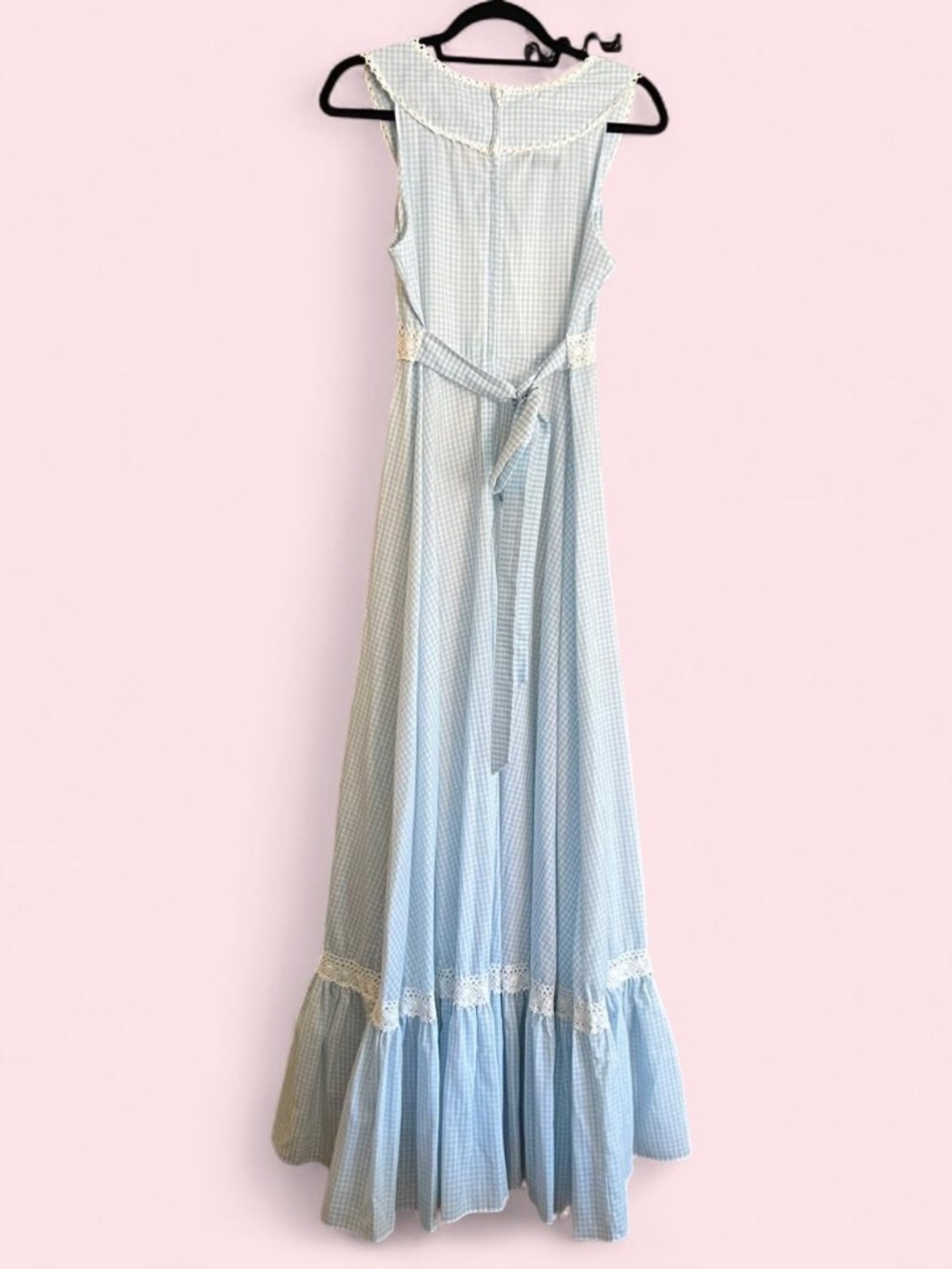 Rare 70s Gunne Sax Dress Sleeveless Light Blue Gingham Lace Corset Prairie - Picture 3 of 8